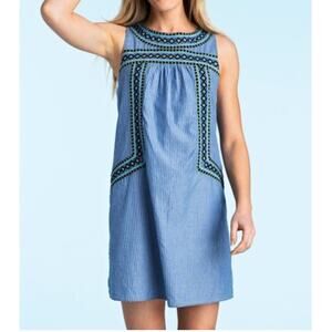 Vineyard Vines Size Large Chambray Blue Stripe Embroidered Tank Dress